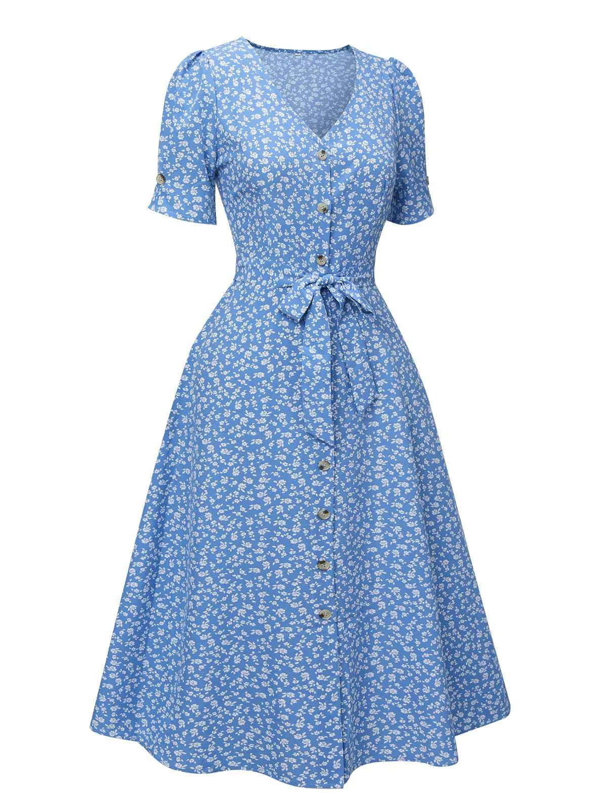 Blue 1940s Flower Print V-Neck Buttons Dress 2 Blue 1940s Flower Print V-Neck Buttons Dress - Image 2