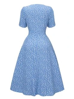 Blue 1940s Flower Print V-Neck Buttons Dress 7 Blue 1940s Flower Print V-Neck Buttons Dress -Candi Clothing Shop SCHL004343 3
