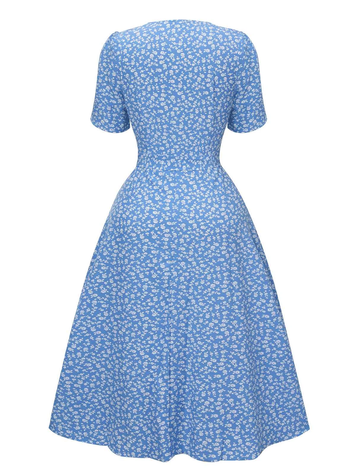 Blue 1940s Flower Print V-Neck Buttons Dress 3 Blue 1940s Flower Print V-Neck Buttons Dress - Image 3