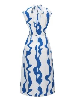 Blue & White 1940s Curves Stand Collar Belt Dress 6 Blue & White 1940s Curves Stand Collar Belt Dress -Candi Clothing Shop SCHL004344 3