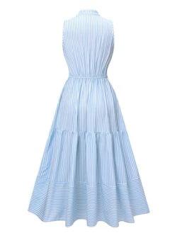 Sky Blue 1940s Stripes Stand Collar Dress 6 Sky Blue 1940s Stripes Stand Collar Dress -Candi Clothing Shop SCHL004375 3