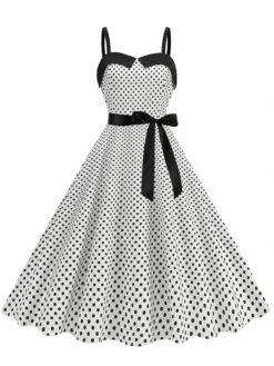 1950s Polka Dots Patchwork Ribbon Strap Dress 12 1950s Polka Dots Patchwork Ribbon Strap Dress -Candi Clothing Shop SCHL004400 W 2