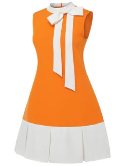 [Plus Size] Orange 1960s Bow Patchwork Sleeveless Dress -Candi Clothing Shop SCHL004466 2