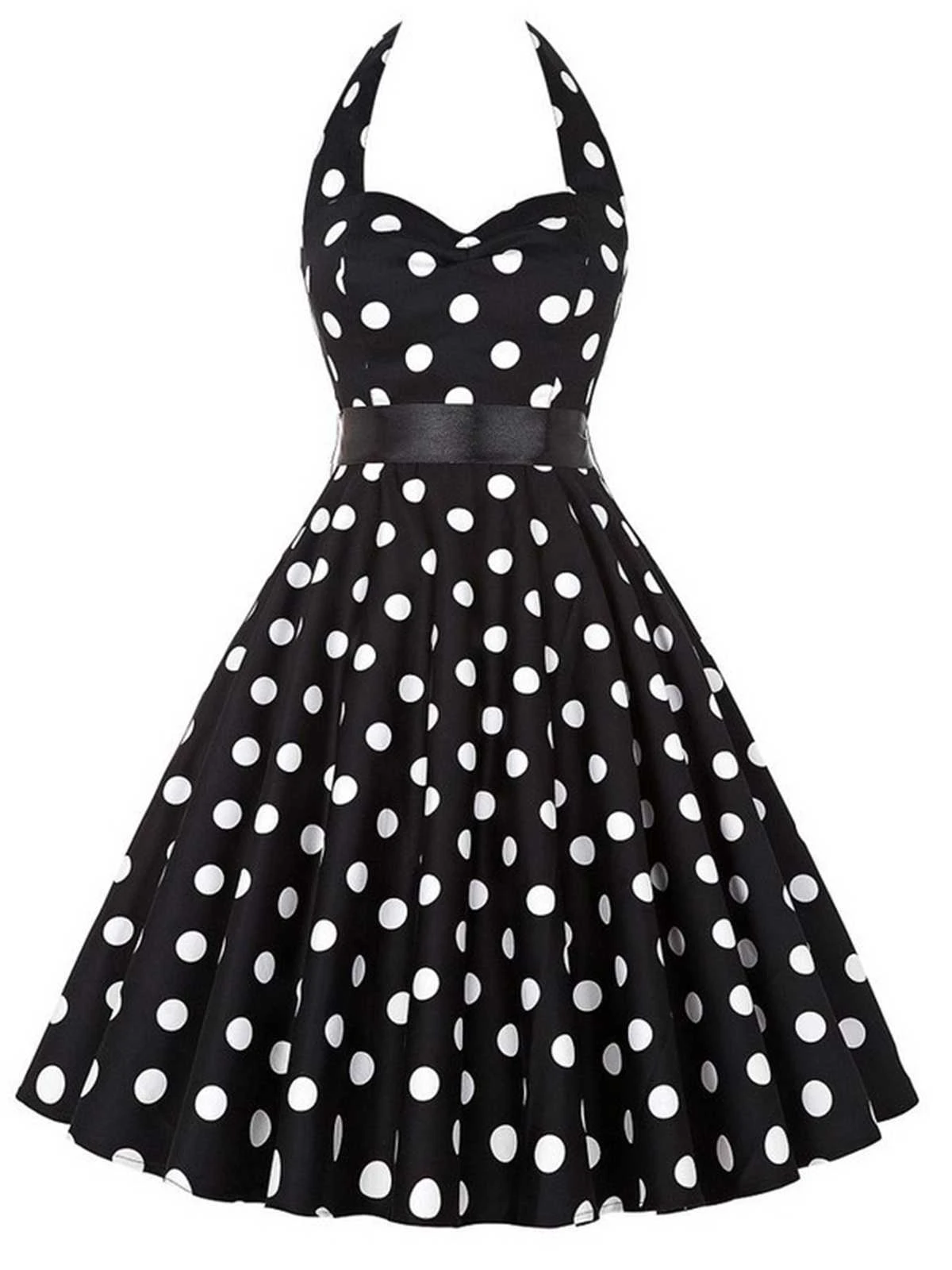 1950s Halter Contrast Polka Dots Belted Dress 1 1950s Halter Contrast Polka Dots Belted Dress