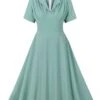 Green Gray 1950s Lapel Solid Dress