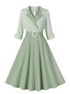 Pea Green Grey 1950s Plaid Roll Up Belt Dress