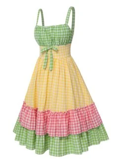 [Pre-Sale] Multicolor 1950s Spaghetti Straps Plaid Patchwork Dress -Candi Clothing Shop SCHL004547 3