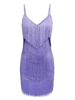 Purple 1960s Spaghetti Strap Fringe Dress