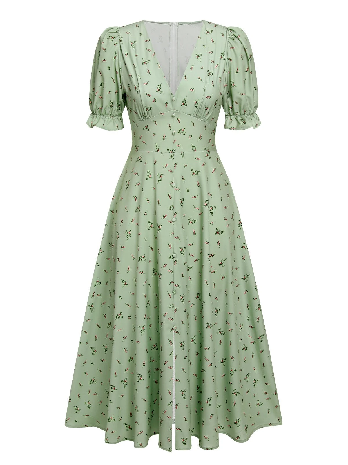 Green 1940s V-Neck Floral Lantern Sleeves Dress 1 Green 1940s V-Neck Floral Lantern Sleeves Dress