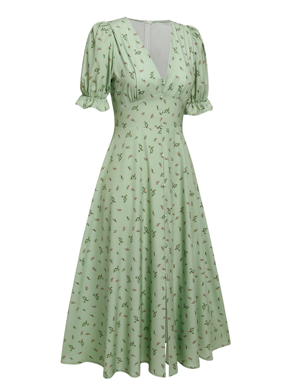 Green 1940s V-Neck Floral Lantern Sleeves Dress 2 Green 1940s V-Neck Floral Lantern Sleeves Dress - Image 2