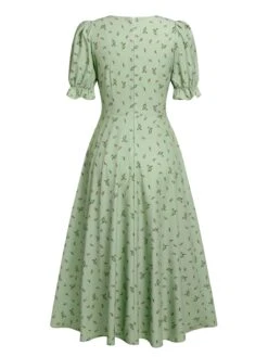 Green 1940s V-Neck Floral Lantern Sleeves Dress 6 Green 1940s V-Neck Floral Lantern Sleeves Dress -Candi Clothing Shop SCHL004576 3
