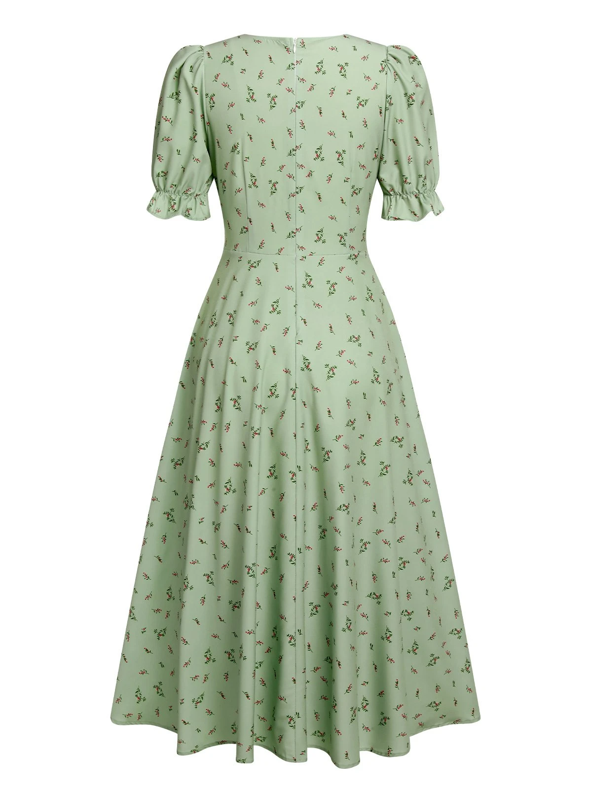Green 1940s V-Neck Floral Lantern Sleeves Dress 3 Green 1940s V-Neck Floral Lantern Sleeves Dress - Image 3