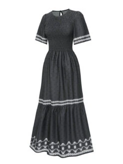 Gray 1940s Smocked Dots Moderate Maxi Dress -Candi Clothing Shop SCHL004634 3