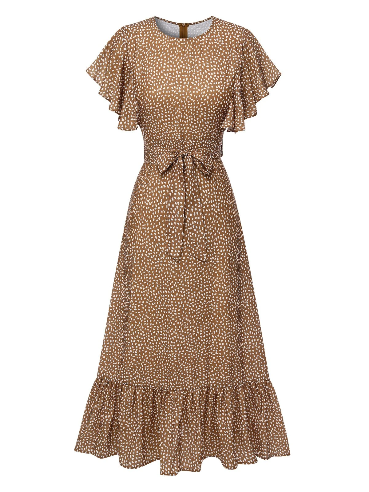 Camel Color 1940s Polka Dots Ruffles Dress 1 Camel Color 1940s Polka Dots Ruffles Dress