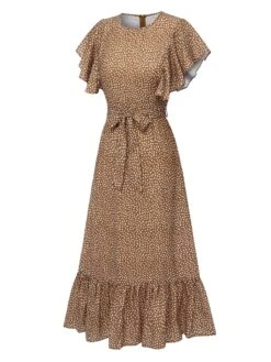 Camel Color 1940s Polka Dots Ruffles Dress 6 Camel Color 1940s Polka Dots Ruffles Dress -Candi Clothing Shop SCHL004635 3
