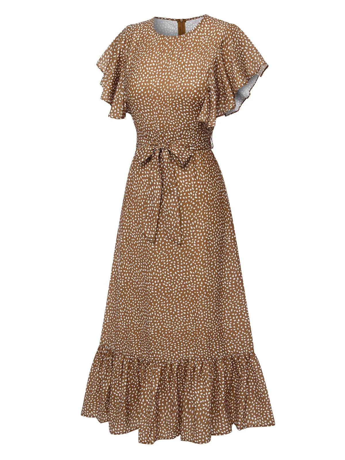 Camel Color 1940s Polka Dots Ruffles Dress 3 Camel Color 1940s Polka Dots Ruffles Dress - Image 3