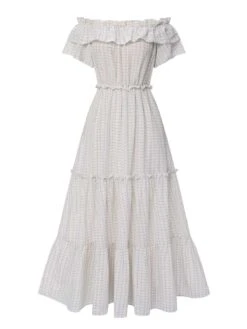 White 1940s Off-ShoulderDitsy Floral Dress