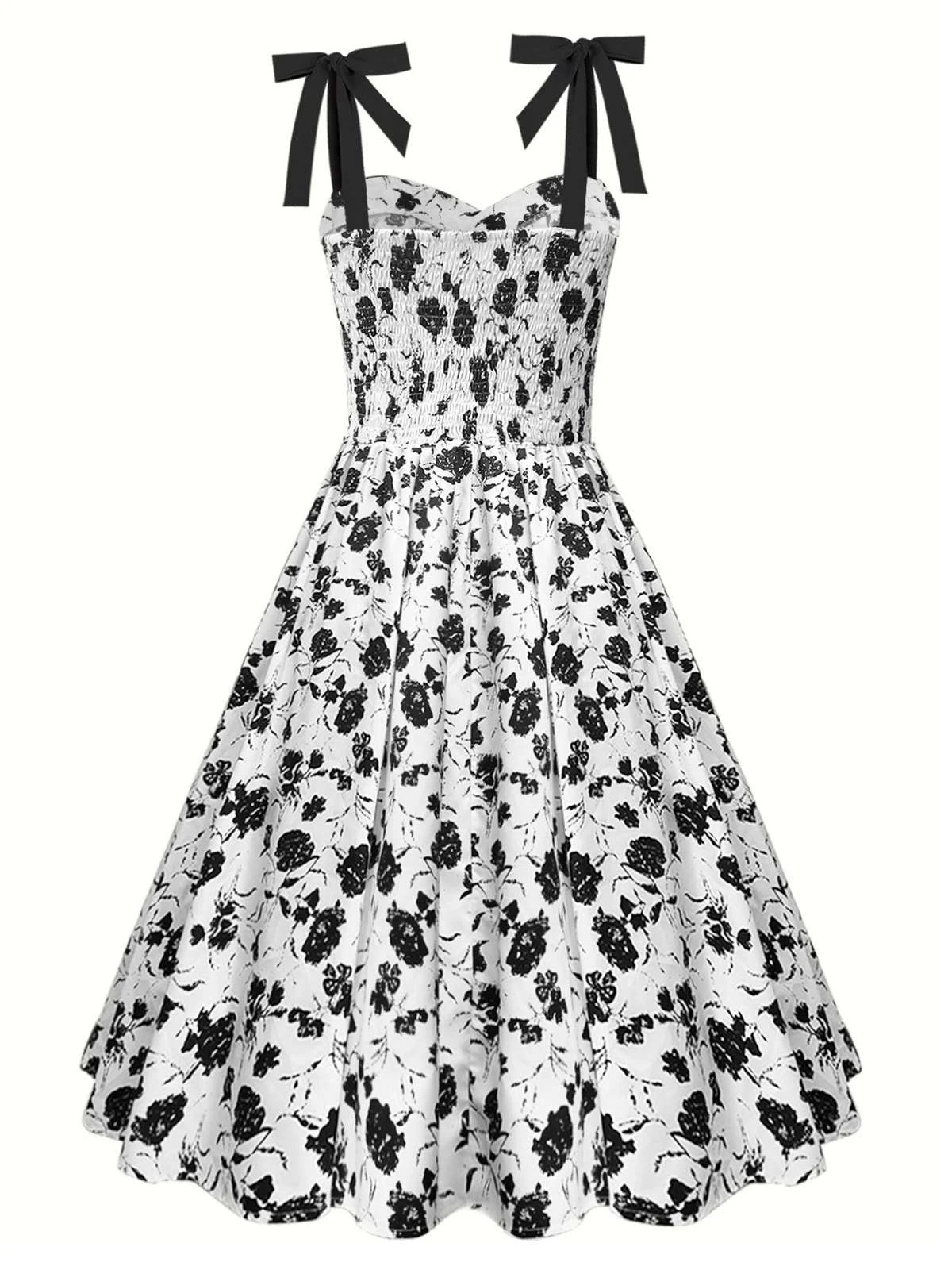 White 1950s Black Flowers Tie-Up Dress 2 White 1950s Black Flowers Tie-Up Dress - Image 2