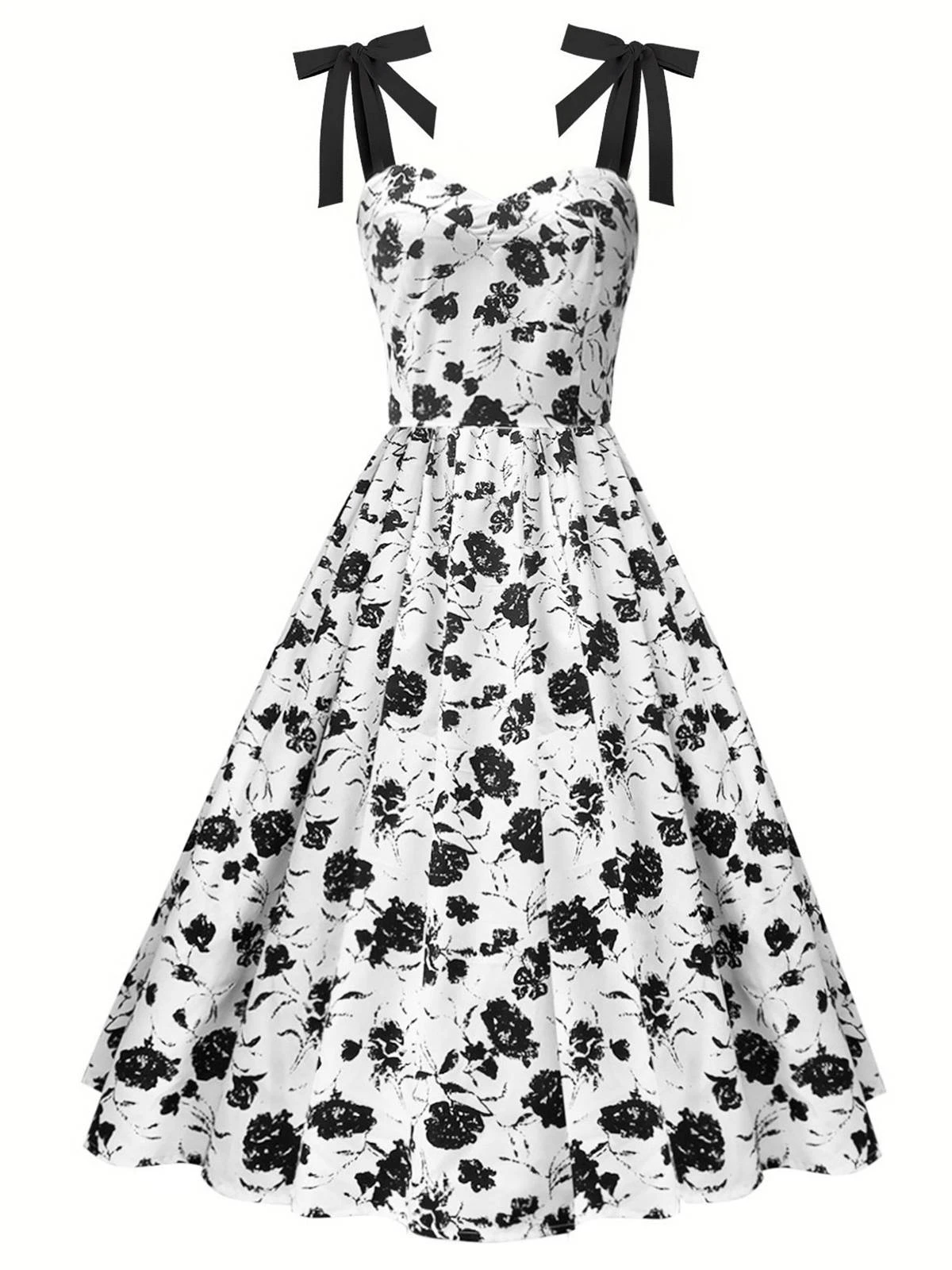 White 1950s Black Flowers Tie-Up Dress 1 White 1950s Black Flowers Tie-Up Dress