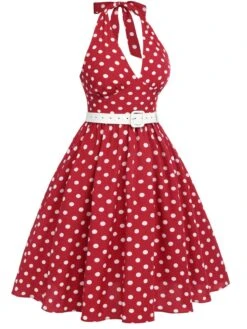 [Pre-Sale] [Plus Size] Red 1950s Polka Dot Halter Dress -Candi Clothing Shop SCHL004691 2 compressed