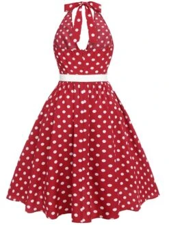 [Pre-Sale] [Plus Size] Red 1950s Polka Dot Halter Dress -Candi Clothing Shop SCHL004691 3 compressed