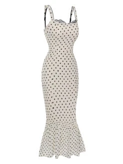 White 1930s Polka Dots Straps Mermaid Dress 6 White 1930s Polka Dots Straps Mermaid Dress -Candi Clothing Shop SCHL004712 3