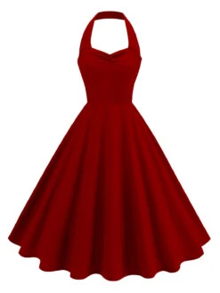 1950s Solid Sweetheart Neck Halter Dress -Candi Clothing Shop SCHL004728 4