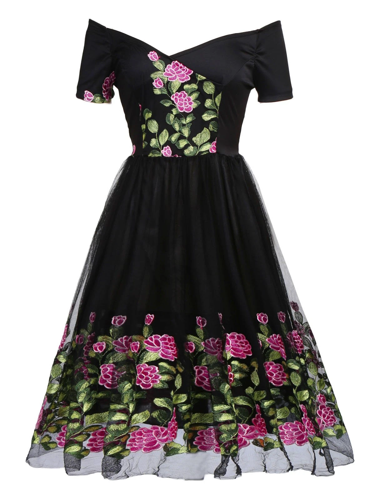 Black 1950s Peony Embroidery Dress 1 Black 1950s Peony Embroidery Dress