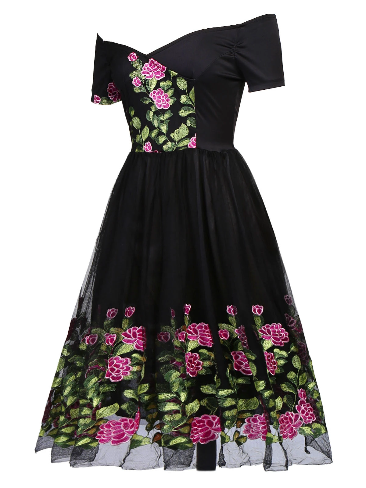 Black 1950s Peony Embroidery Dress 2 Black 1950s Peony Embroidery Dress - Image 2