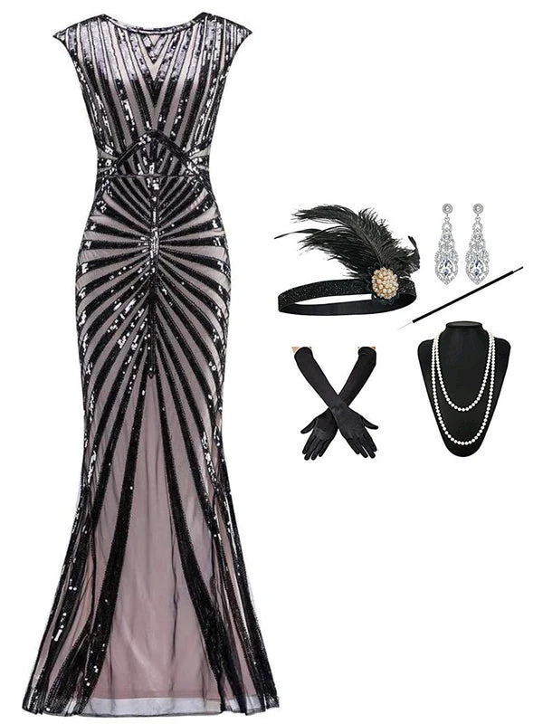 2PCS Sequined Maxi 1920s Dress & Accessories Set 1 2PCS Sequined Maxi 1920s Dress & Accessories Set