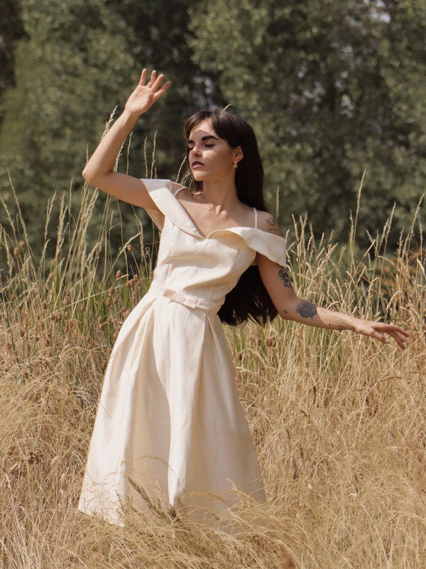 1950s Cold Shoulder Satin Bow Dress 2 1950s Cold Shoulder Satin Bow Dress - Image 2