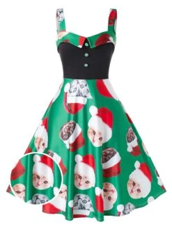 Green 1950s Christmas Cat Swing Dress