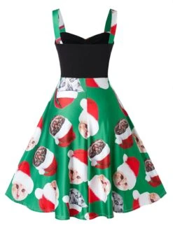 Green 1950s Christmas Cat Swing Dress -Candi Clothing Shop SCV009772 2