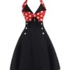 Black Red 1950s Halter Dot Swing Dress