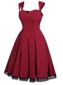 Wine Red 1950s Lace Solid Swing Dress 14 Wine Red 1950s Lace Solid Swing Dress -Candi Clothing Shop SCV015968 2