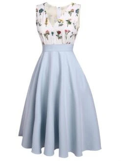 Blue 1950s Embroidery Pockets Swing Dress -Candi Clothing Shop SCV016183 2