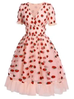 Pink 1950s Lace Strawberry Swing Dress 11 Pink 1950s Lace Strawberry Swing Dress -Candi Clothing Shop SCV016214 2