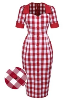 Red 1960s Checked Pockets Pencil Dress