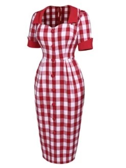 Red 1960s Checked Pockets Pencil Dress 12 Red 1960s Checked Pockets Pencil Dress -Candi Clothing Shop SCV016327 2