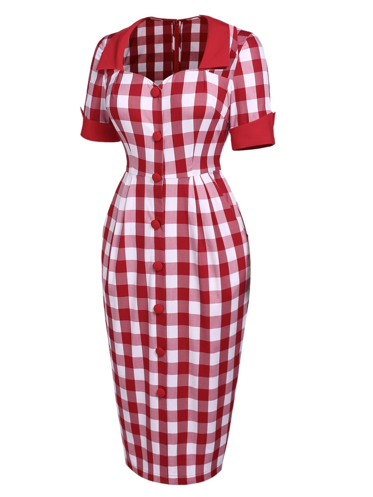 Red 1960s Checked Pockets Pencil Dress 3 Red 1960s Checked Pockets Pencil Dress - Image 3