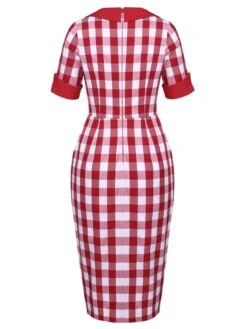 Red 1960s Checked Pockets Pencil Dress 13 Red 1960s Checked Pockets Pencil Dress -Candi Clothing Shop SCV016327 3