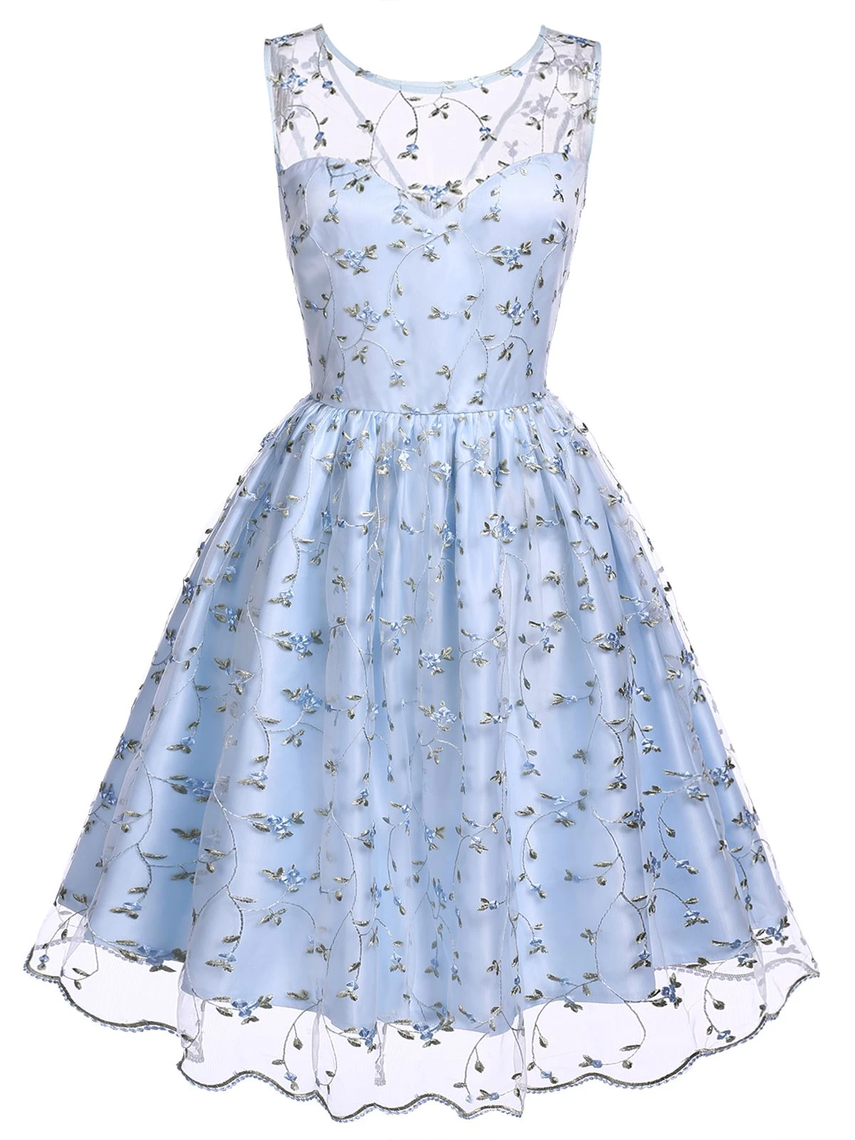 Blue 1950s Floral Embroidery Lace Dress 2 Blue 1950s Floral Embroidery Lace Dress - Image 2