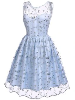 Blue 1950s Floral Embroidery Lace Dress 11 Blue 1950s Floral Embroidery Lace Dress -Candi Clothing Shop SCV016947 2