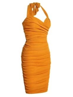 Orange 1960s Solid Folds Halter Pencil Dress -Candi Clothing Shop SCV020905 1