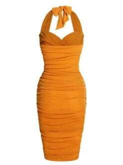 Orange 1960s Solid Folds Halter Pencil Dress -Candi Clothing Shop SCV020905 2