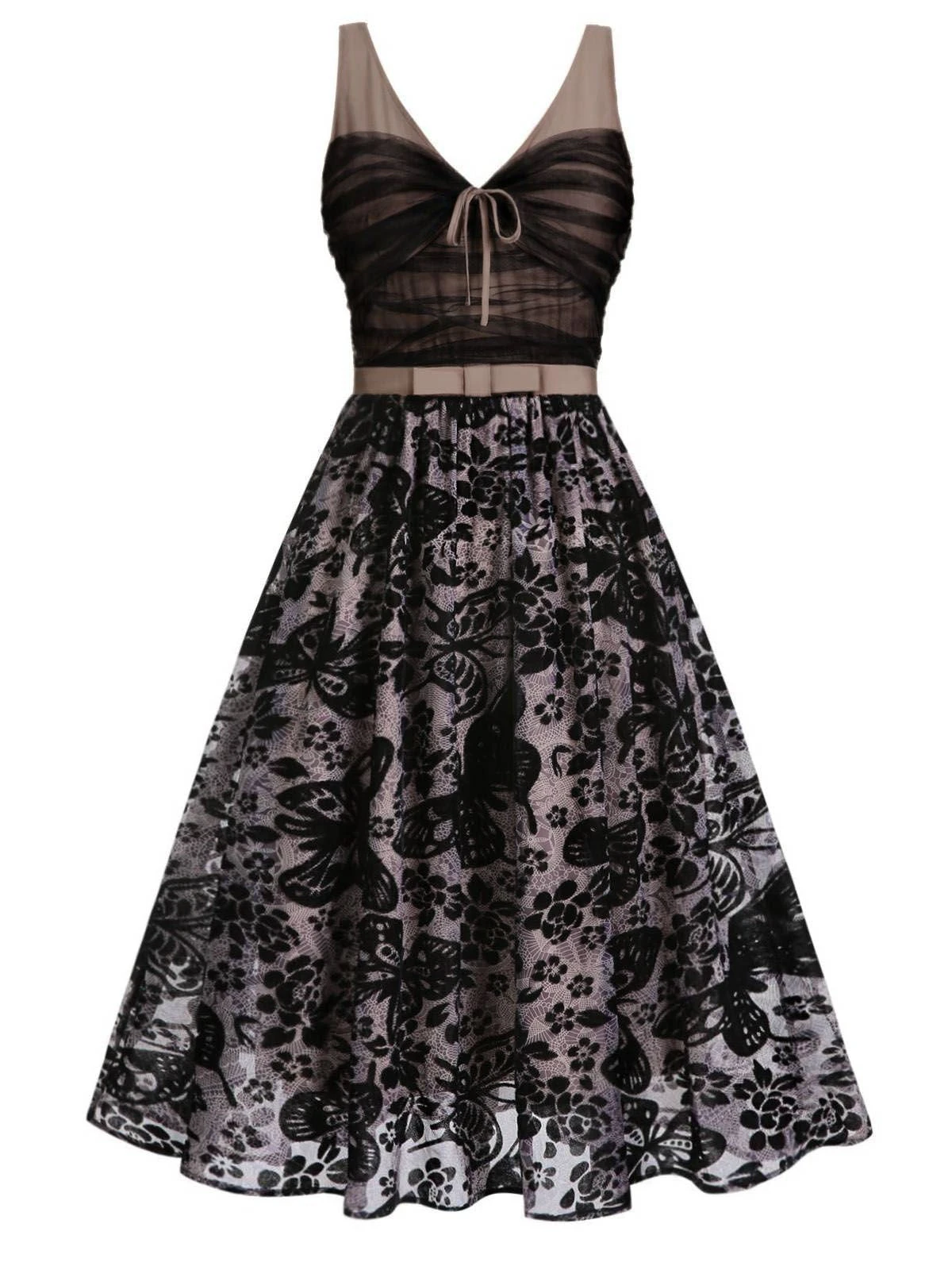 Black 1950s Butterfly Mesh Stitching Dress 2 Black 1950s Butterfly Mesh Stitching Dress - Image 2