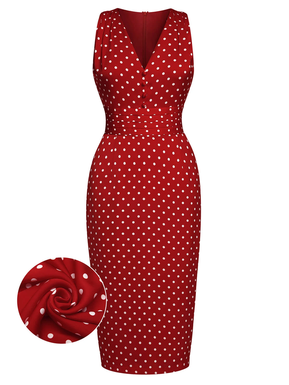 Red 1960s Dots V-Neck Pencil Dress 1 Red 1960s Dots V-Neck Pencil Dress