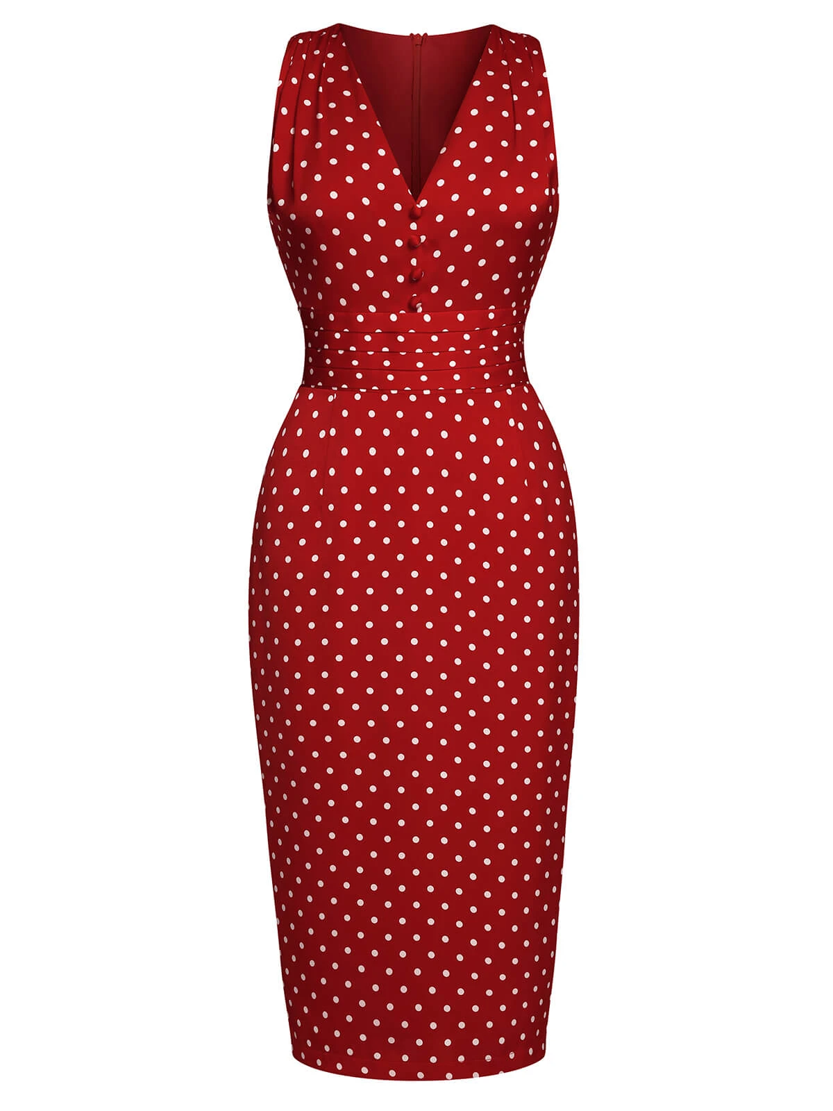 Red 1960s Dots V-Neck Pencil Dress 2 Red 1960s Dots V-Neck Pencil Dress - Image 2