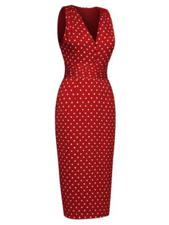 Red 1960s Dots V-Neck Pencil Dress 9 Red 1960s Dots V-Neck Pencil Dress -Candi Clothing Shop SCV020969 2