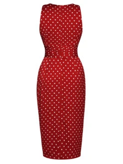 Red 1960s Dots V-Neck Pencil Dress 10 Red 1960s Dots V-Neck Pencil Dress -Candi Clothing Shop SCV020969 3